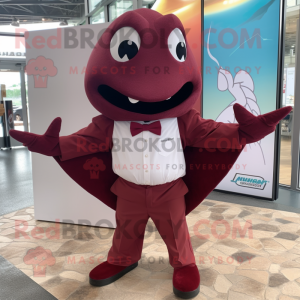 Maroon Stingray mascot costume character dressed with a Poplin Shirt and Bow ties