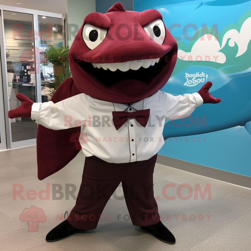 Maroon Stingray mascot costume character dressed with a Poplin Shirt and Bow ties