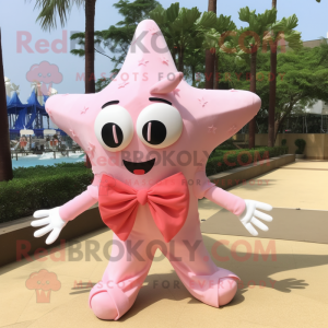 Pink Starfish mascot costume character dressed with a Wedding Dress and Bow ties