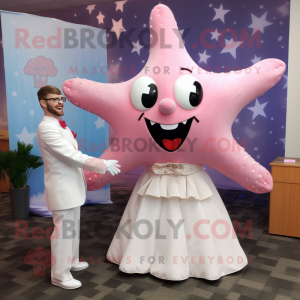 Pink Starfish mascot costume character dressed with a Wedding Dress and Bow ties