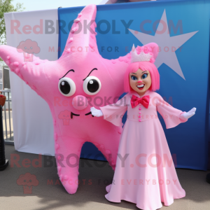 Pink Starfish mascot costume character dressed with a Wedding Dress and Bow ties