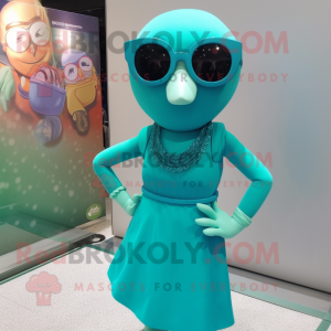 Teal Pendant mascot costume character dressed with a Sheath Dress and Sunglasses