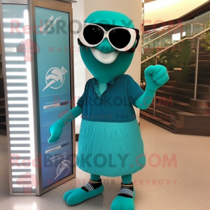 Teal Pendant mascot costume character dressed with a Sheath Dress and Sunglasses
