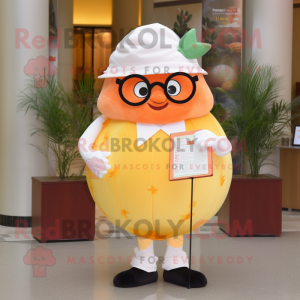 Cream Grapefruit mascot costume character dressed with a Culottes and Reading glasses