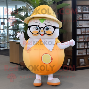 Cream Grapefruit mascot costume character dressed with a Culottes and Reading glasses