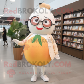 Cream Grapefruit mascot costume character dressed with a Culottes and Reading glasses