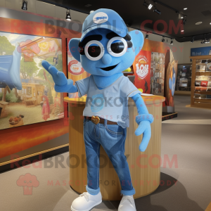 Sky Blue Ray mascot costume character dressed with a Denim Shorts and Cufflinks