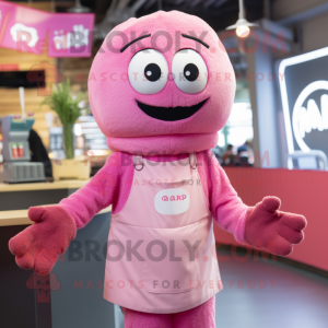 Pink Falafel mascot costume character dressed with a Overalls and Beanies