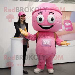 Pink Falafel mascot costume character dressed with a Overalls and Beanies