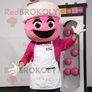 Pink Falafel mascot costume character dressed with a Overalls and Beanies