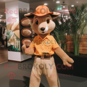 Peach Kangaroo mascot costume character dressed with a Chinos and Hats