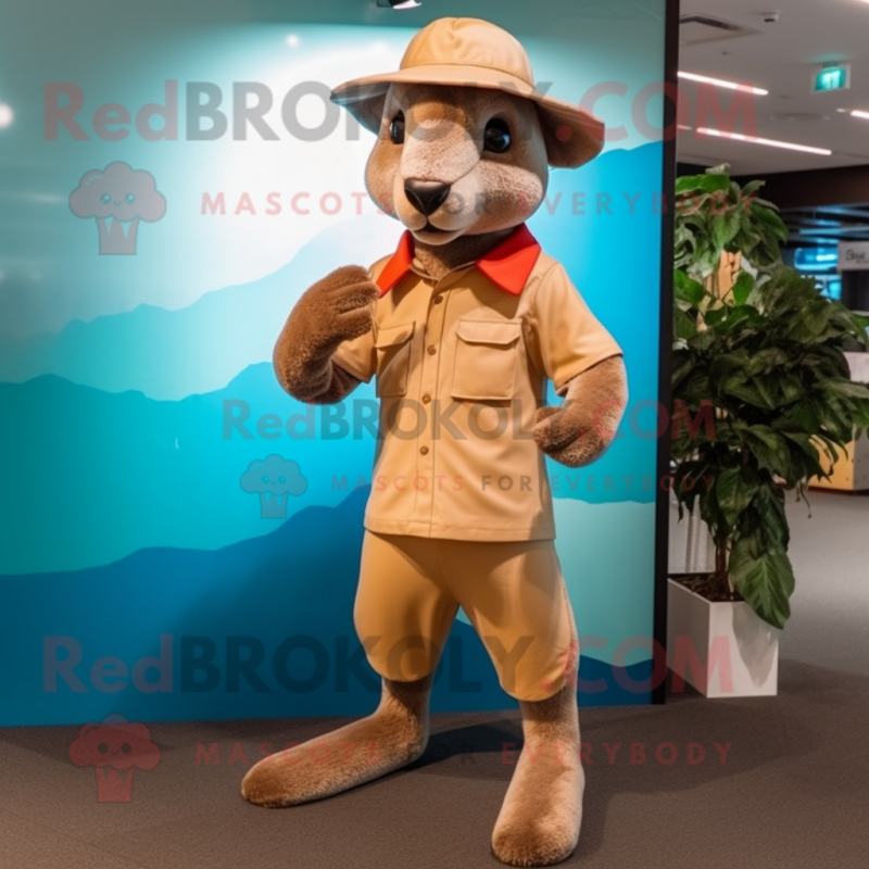 Peach Kangaroo mascot costume character dressed with a Chinos and Hats