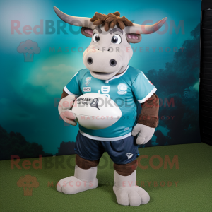 Teal Zebu mascot costume character dressed with a Rugby Shirt and Tie pins