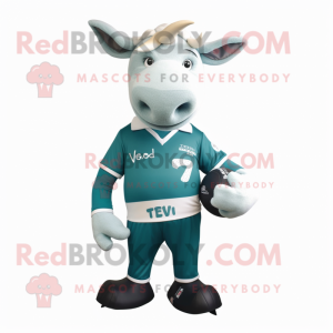Teal Zebu mascot costume character dressed with a Rugby Shirt and Tie pins