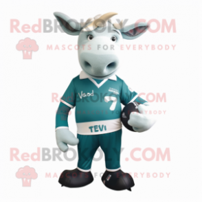 Teal Zebu mascot costume character dressed with a Rugby Shirt and Tie pins