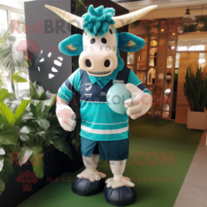 Teal Zebu mascot costume character dressed with a Rugby Shirt and Tie pins