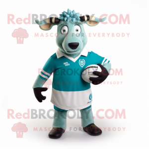 Teal Zebu mascot costume character dressed with a Rugby Shirt and Tie pins