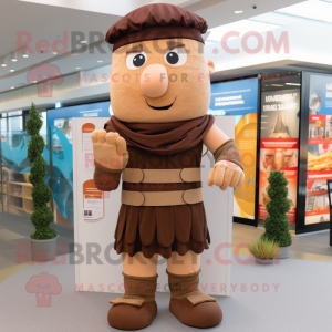 Brown Roman Soldier mascot costume character dressed with a Mini Dress and Beanies