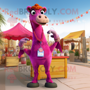 Magenta Camel mascot costume character dressed with a Jeans and Necklaces