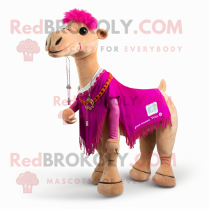 Magenta Camel mascot costume character dressed with a Jeans and Necklaces