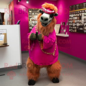 Magenta Camel mascot costume character dressed with a Jeans and Necklaces