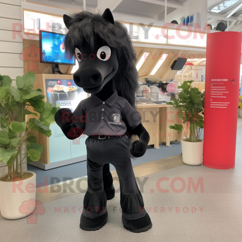 Black Mare mascot costume character dressed with a Trousers and Hair clips