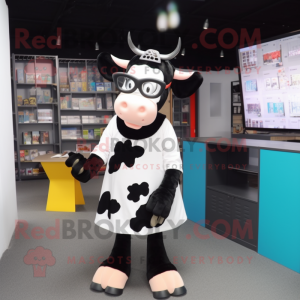 Black Holstein Cow mascot costume character dressed with a Playsuit and Reading glasses