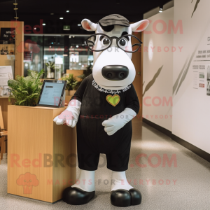 Black Holstein Cow mascot costume character dressed with a Playsuit and Reading glasses