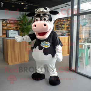 Black Holstein Cow mascot costume character dressed with a Playsuit and Reading glasses