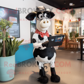 Black Holstein Cow mascot costume character dressed with a Playsuit and Reading glasses