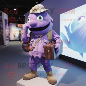 Purple Cod mascot costume character dressed with a Cargo Pants and Clutch bags
