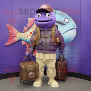 Purple Cod mascot costume character dressed with a Cargo Pants and Clutch bags