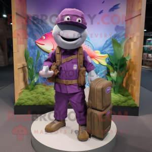 Purple Cod mascot costume character dressed with a Cargo Pants and Clutch bags