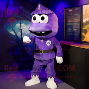 Purple Cod mascot costume character dressed with a Cargo Pants and Clutch bags