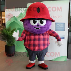 Purple Watermelon mascot costume character dressed with a Flannel Shirt and Berets
