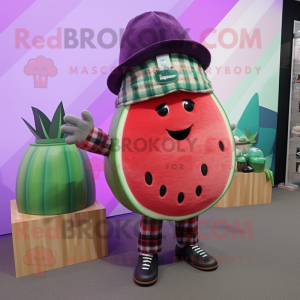 Purple Watermelon mascot costume character dressed with a Flannel Shirt and Berets