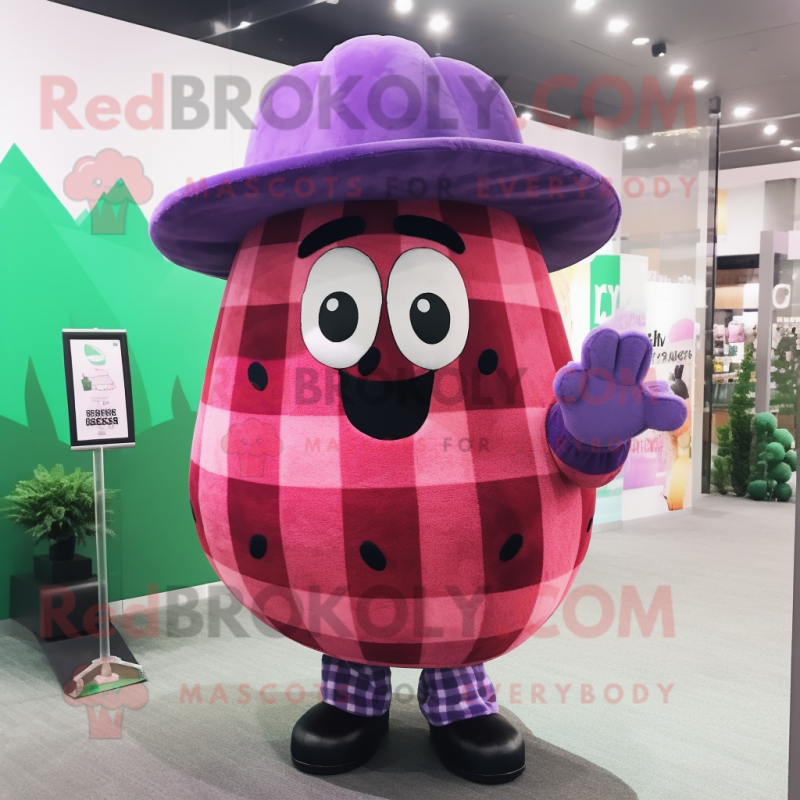 Purple Watermelon mascot costume character dressed with a Flannel Shirt and Berets