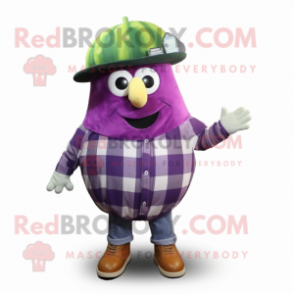 Purple Watermelon mascot costume character dressed with a Flannel Shirt and Berets