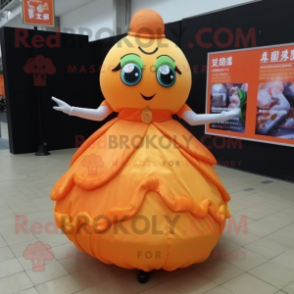 Orange Dim Sum mascot costume character dressed with a Ball Gown and Bracelets