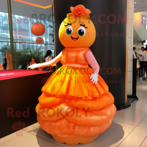 Orange Dim Sum mascot costume character dressed with a Ball Gown and Bracelets