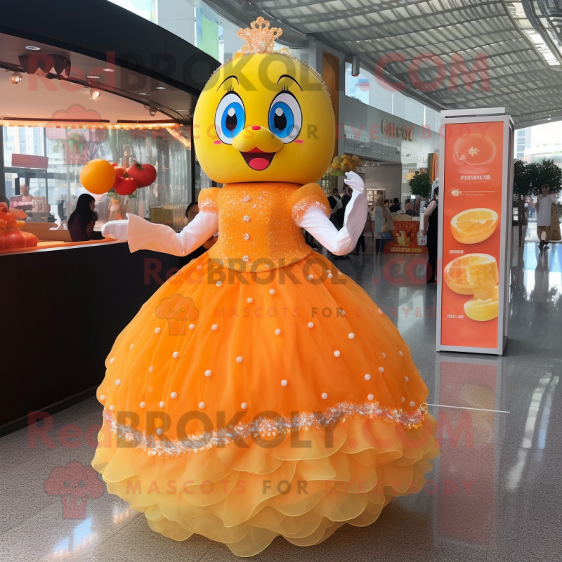 Orange Dim Sum mascot costume character dressed with a Ball Gown and Bracelets Orange Dim Sum mascot costume character dressed with a Ball Gown and Bracelets