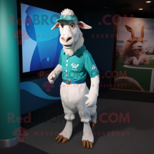 Cyan Boer Goat mascot costume character dressed with a Graphic Tee and Tie pins