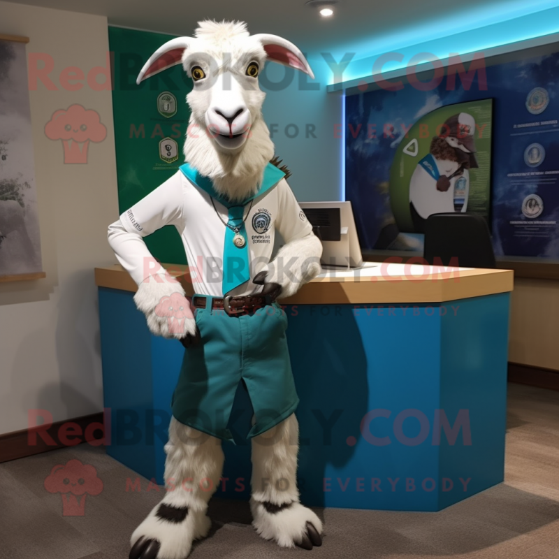 Cyan Boer Goat mascot costume character dressed with a Graphic Tee and Tie pins