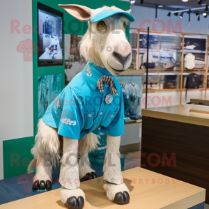 Cyan Boer Goat mascot costume character dressed with a Graphic Tee and Tie pins