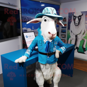 Cyan Boer Goat mascot costume character dressed with a Graphic Tee and Tie pins