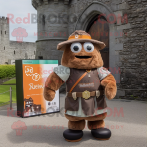 Rust Irish Castle mascot costume character dressed with a Empire Waist Dress and Backpacks
