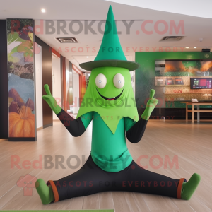 Green Magician mascot costume character dressed with a Yoga Pants and Hats