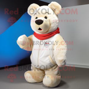 Cream Bear mascot costume character dressed with a Parka and Beanies