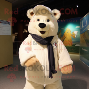 Cream Bear mascot costume character dressed with a Parka and Beanies