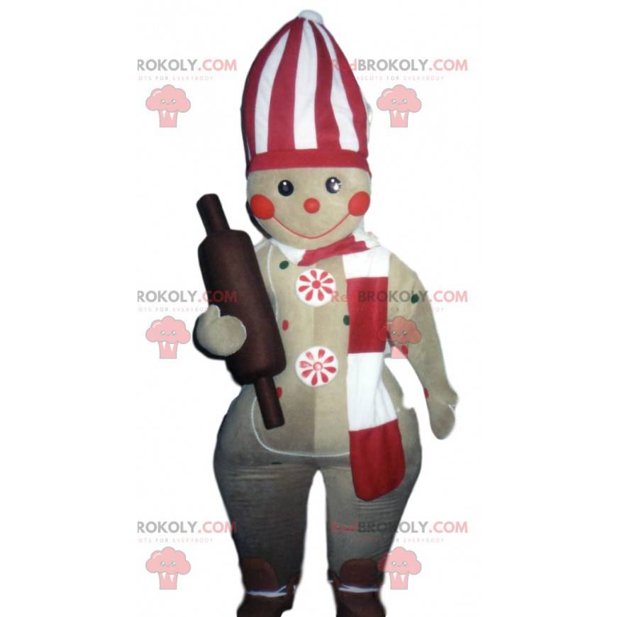 Lebkuchenmann-Maskottchen mit einem Nudelholz - Redbrokoly.com